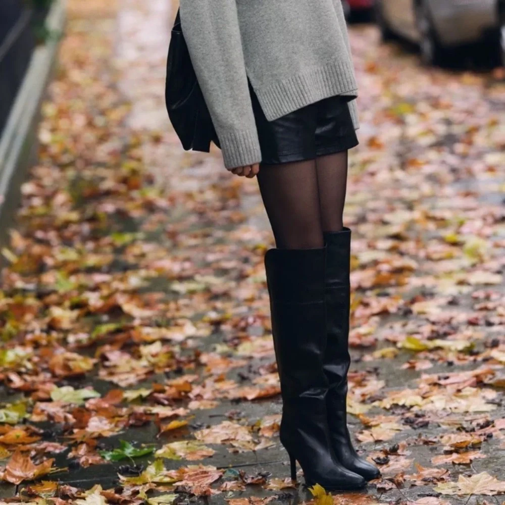 Zara NWT knee high pull on Black Stiletto heel Women's Boots size 6 1/2 or 37